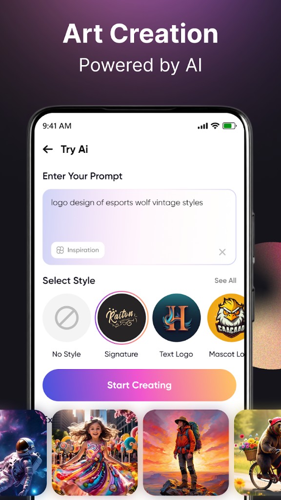 AI logo generation interface with prompt input and style selection — AI Logo & Brand Identity Studio