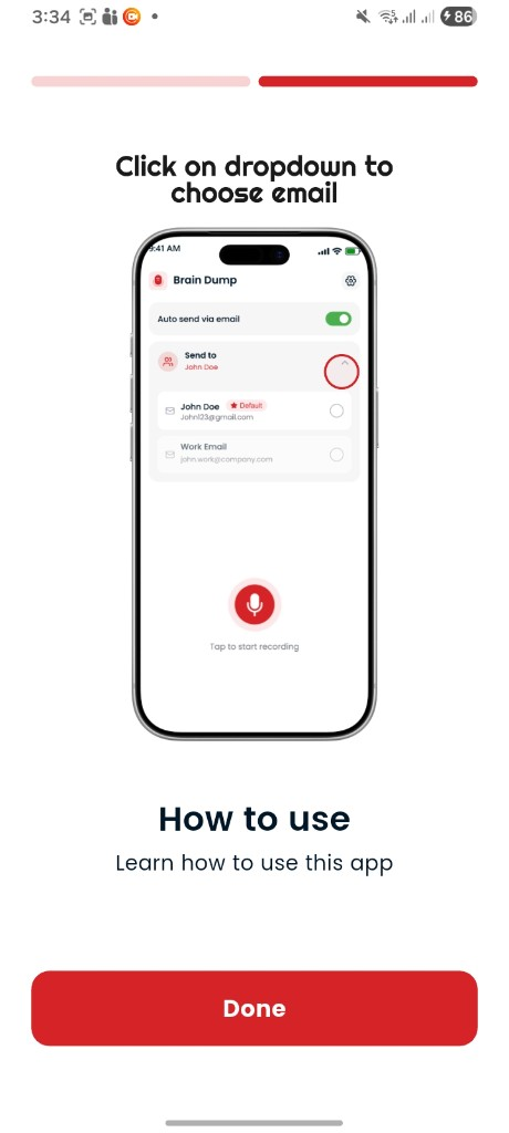 Brain Dump how-to tutorial for email dropdown selection — Brain Dump AI Voice Messaging Platform