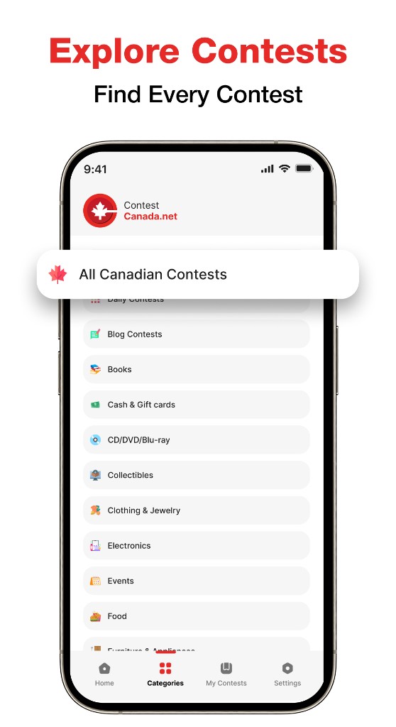 Contest Canada category browsing screen — Contest Canada Mobile Platform