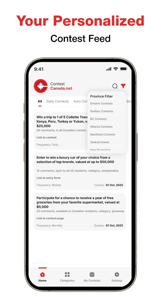 Contest Canada personalized contest feed with province filter and category tabs — Contest Canada Mobile Platform