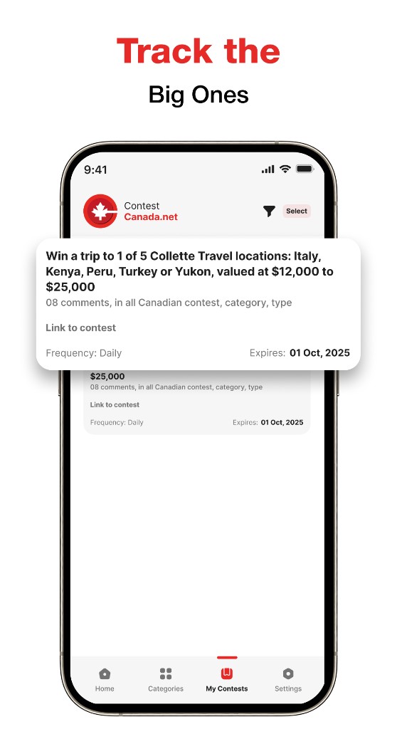 Contest Canada saved contests screen — Contest Canada Mobile Platform