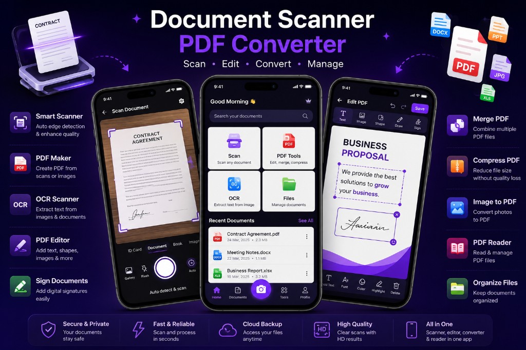 Document scanning and PDF suite showcasing scan, edit, and convert workflows across mobile screens — Document Scanner & PDF Suite