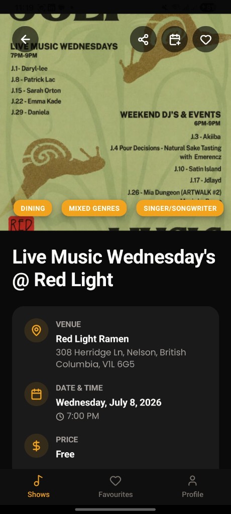 Live Music Local event detail page for Live Music Wednesdays at Red Light Ramen