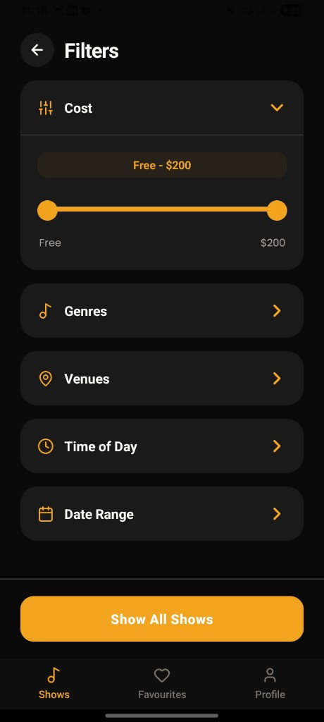 Live Music Local filters for cost, genres, venues, time, and date range