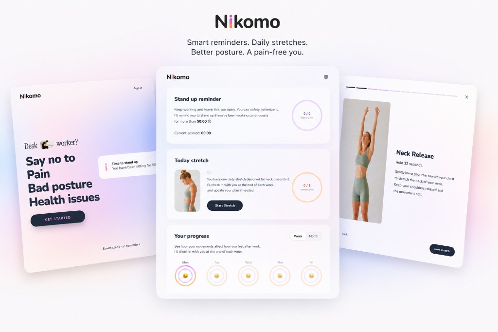 Workplace wellness platform showcasing landing page, dashboard, and guided stretch session — Desktop Wellness Reminder Platform