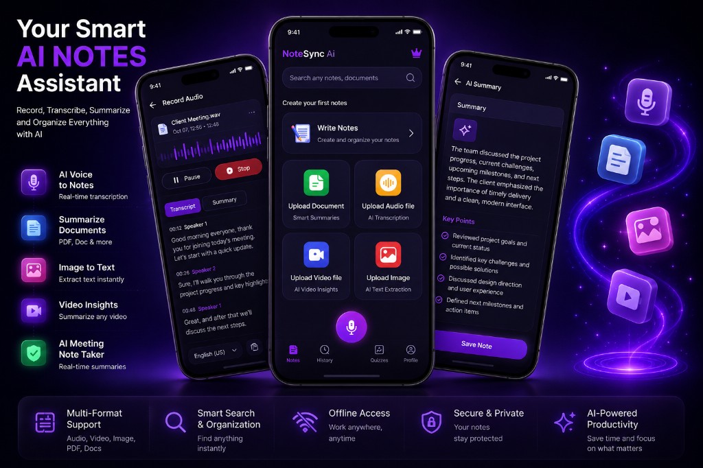 AI note-taking application showcasing voice transcription, summaries, and intelligent organization — AI Note Taking Assistant