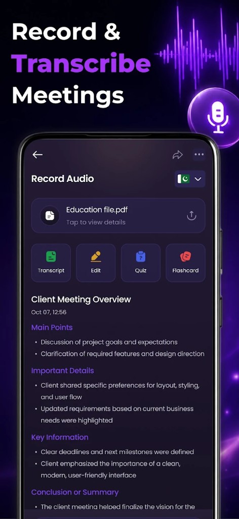 Voice recording and transcription interface — AI Note Taking Assistant